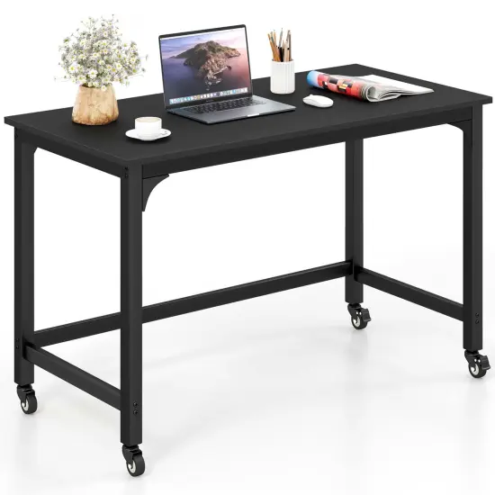 Costway Rolling Computer Desk Wood Top Metal Frame Laptop Table Study Workstation Black {1}