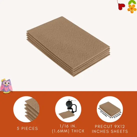 FabricLA Acrylic Felt Sheets for Crafts - Precut 9" X 12" Inches (20 cm X 30 cm) Felt Squares - Use Felt Fabric Craft Sheets for DIY, Costume, and Decoration | Taupe 102 - 5 Pieces {5}