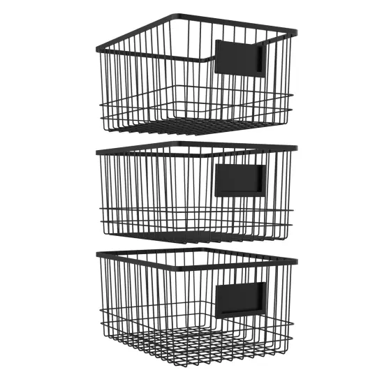 Oceanstar Metal Wire Organizer Bin Basket with Card Holder, Set of 3, Black {1}