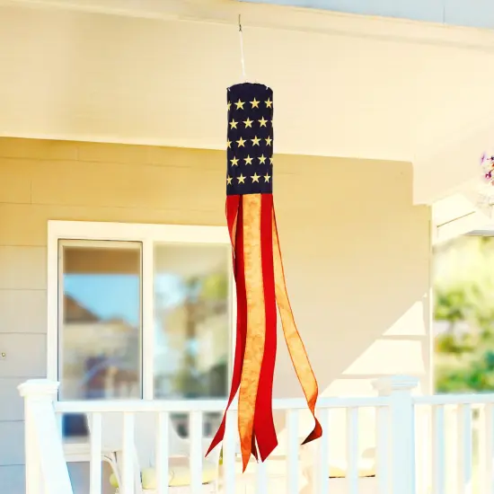 G128 Windsock 60 Inch Tea-Stained US Flag Windstock 60 in Embroidered Stars and Stripes Patriotic Hanging Decoration {1}