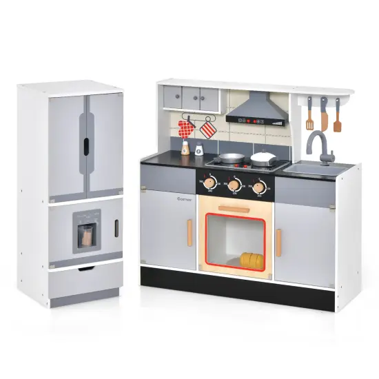 Wooden Chef Play Kitchen And Refrigerator With Realistic Range Hood And Roaster {3}