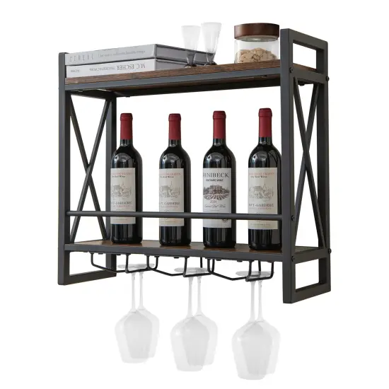 Industrial Wall Mounted Wine Rack With 3 Stem Glass Holders {4}