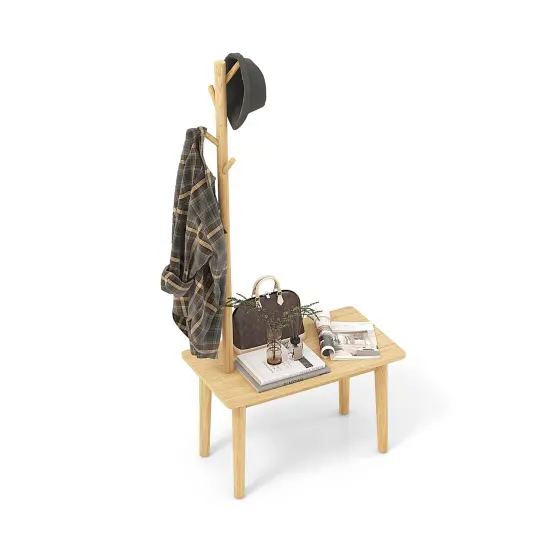 End Table With Coat Rack Solid Wood Coat Tree With 2-in-1 Side Table-natural {3}