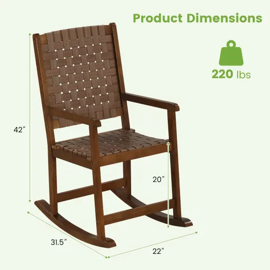 Patio Wood Rocking Chair With Pu Seat And Rubber Wood Frame-Brown {4}