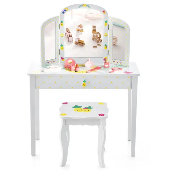 Kids Vanity Table Set With Tri-folding Mirror And Large Drawer-White {4}