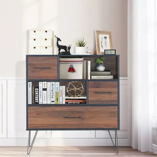 3-Tier Wood Storage Cabinet with Drawers and 4 Metal Legs {5}