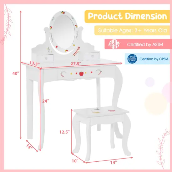 Kids Vanity And Stool Set With 360&deg; Rotatable Mirror And Whiteboard-White {5}
