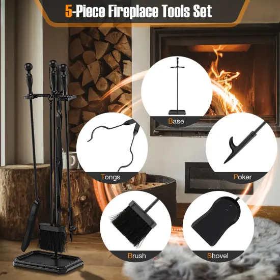 5-piece Fireplace Tool Set With Tong Brush Shovel Poker Stand-black {6}