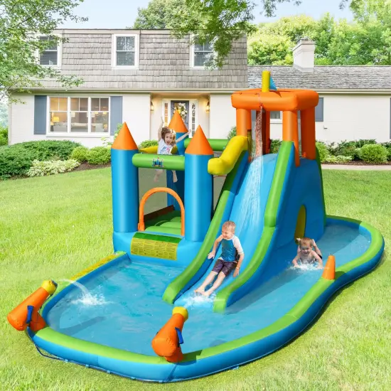 Inflatable Water Slide Kids Bounce House Splash Water Pool with Blower {1}
