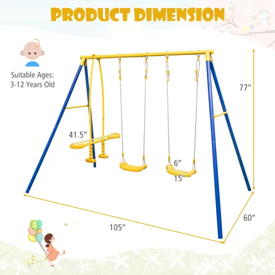 Metal Swing Set For Backyard With 2 Swing Seats And 2 Glider Seats-Blue {5}