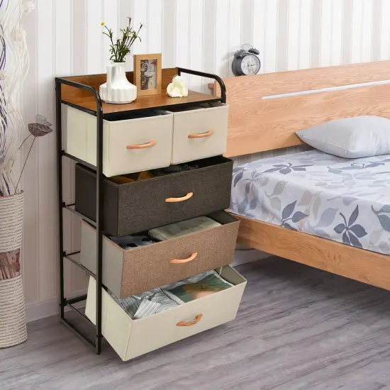 4-tier Organizer Tower Steel Frame Wooden Top Storage With 5-drawer Dresser {5}