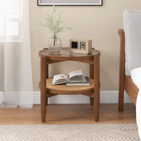 Rattan Round Side End Table With Tempered Glass Tabletop {1}