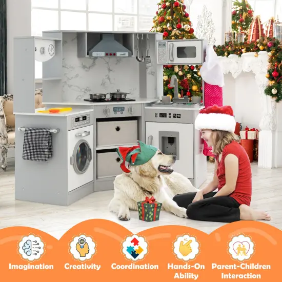 Wooden Kids Play Kitchen Playset With Realistic Lights And Sounds {4}