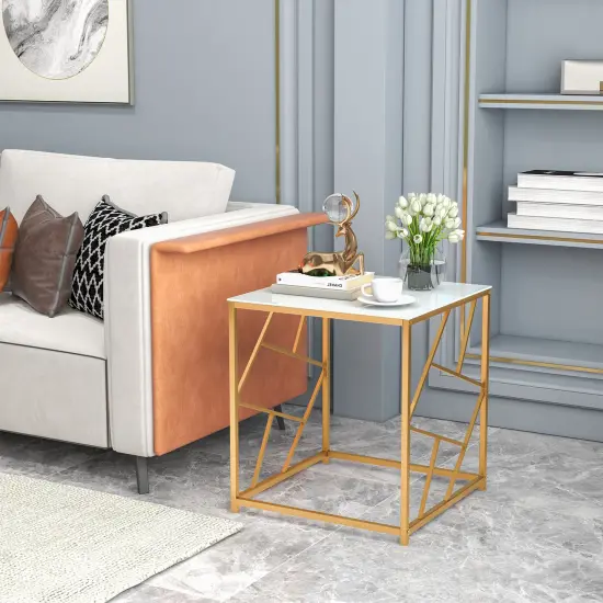 Square End Table With Tempered Glass Tabletop And Gold Finish Geometric Frame-golden {1}