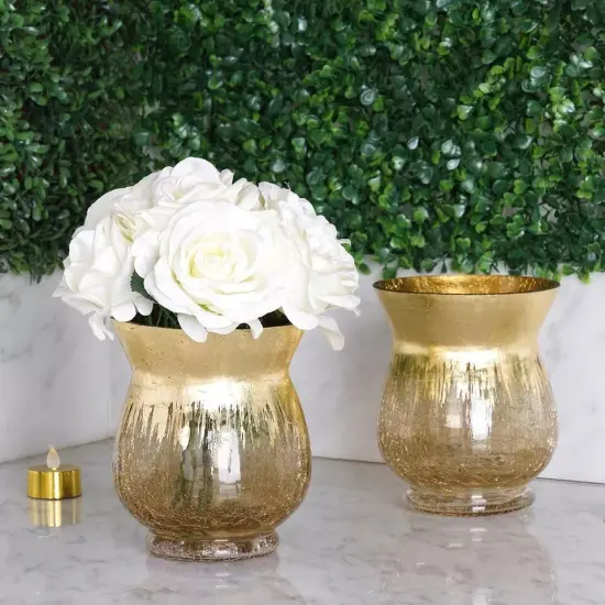 4 GOLD 6" tall Crackle Glass Candle Holders Vases {4}