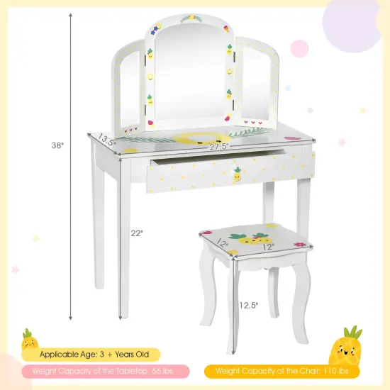Kids Vanity Table Set With Tri-folding Mirror And Large Drawer-White {5}