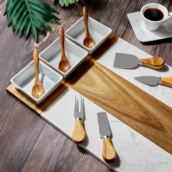 Makerflo Charcuterie Cheese Board Set 16.25" x 12" Acacia Wood Marble Design 3 Bowls, 3 Spoons, 4 Utensils for Craft & DIY Personalization - Laser Engraving, Epoxy, UV DTF, Vinyl Individually Wrapped {5}