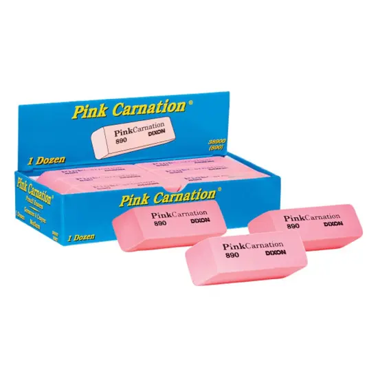 Pink Carnation Erasers, Medium, 2-5/16 x 13/16 x 7/17, 12 Per Pack, 3 Packs {2}