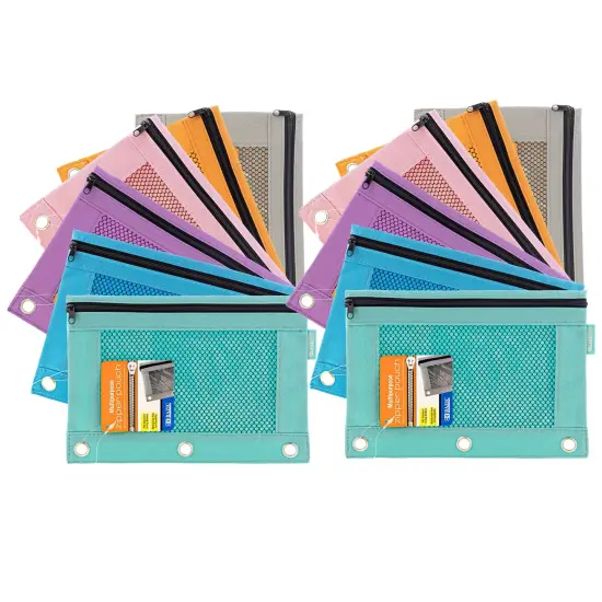 3-Ring Pencil Pouch with Mesh Window, Retro Pastel Colors, Pack of 12 {1}