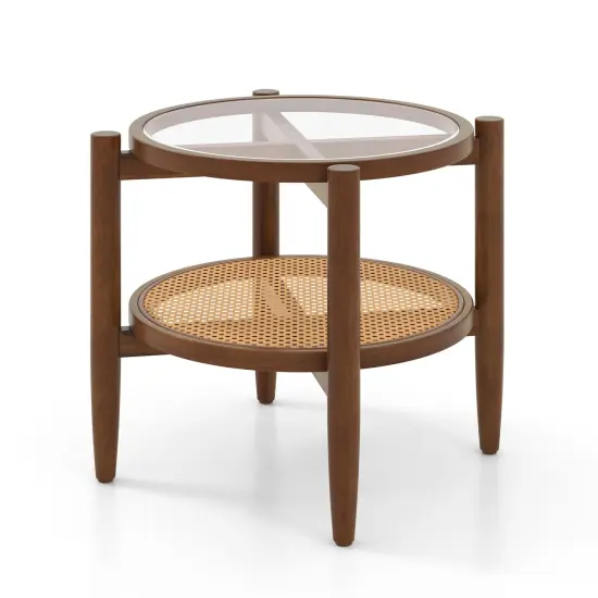 Rattan Round Side End Table With Tempered Glass Tabletop {4}
