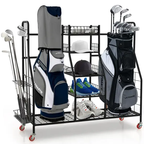 Double Golf Bag Rack with Removable Golf Club Stand and Wheels-Black {4}