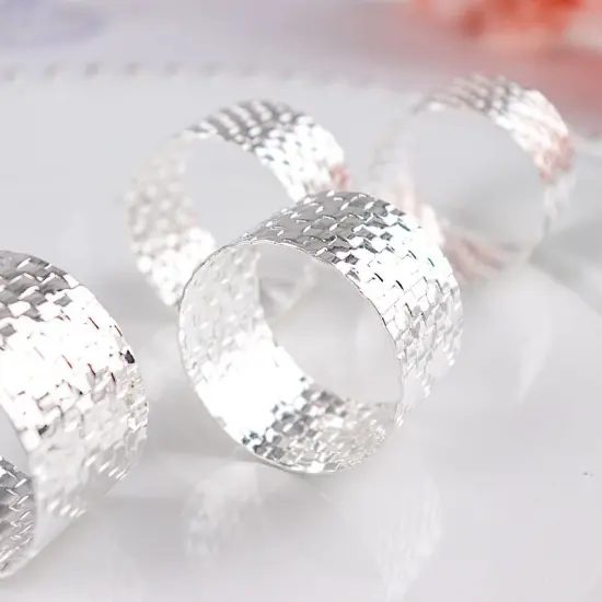 4 Round Basket Weave Design Metal Napkin Rings Silver {2}