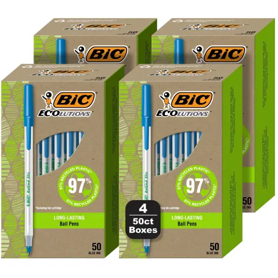 BIC Ecolutions Round Stic Ballpoint Pens, Medium Point (1.0mm), 200-Count Pack,Pens Made from 97% Recycled Plastic {1}