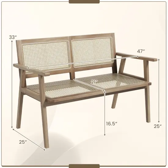 Indonesia Teak Wood Garden Bench With Armrests And Natural Rattan Backrest {4}