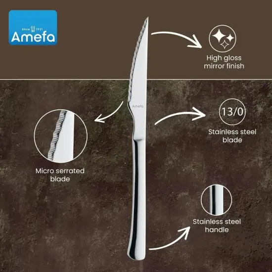 Amefa Chuletero Steak Knives, Set of 6 Micro Serrated Edge 4 Inch Blade {4}