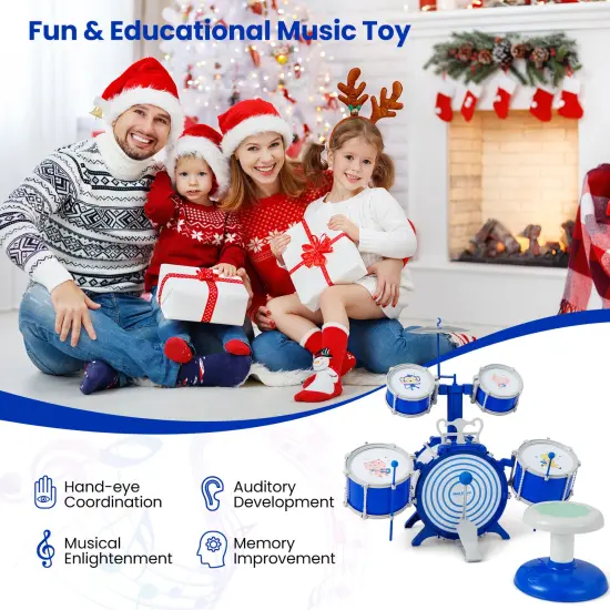 Kids Drum Set Educational Percussion Musical Instrument Toy With Bass Drum-blue {6}