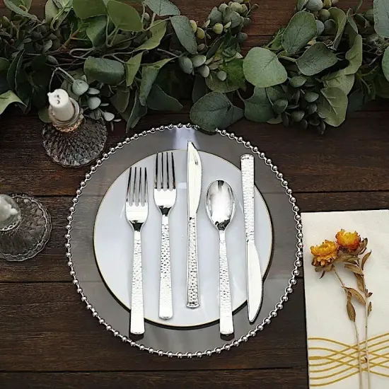 SILVER 24 Hammered Design 7" Plastic CUTLERY Spoons Forks {2}