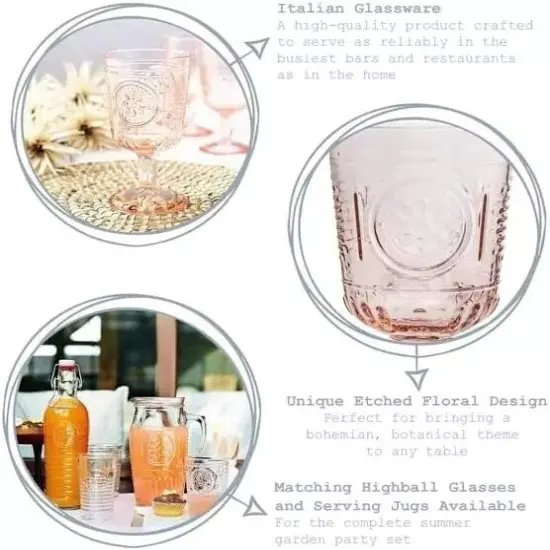 Bormioli Rocco Romantic Stemware Drinking Glass 4 Set 10.75 oz Cotton Candy Pink {4}