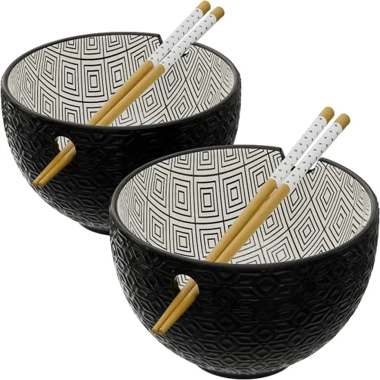 American Atelier Ramen Bowl with Chopsticks | Set of 2 | Embossed Black Design {1}