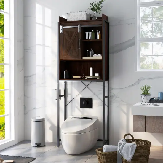 4-tier Multifunctional Toilet Storage Cabinet With Adjustable Shelf And Sliding Barn Door {2}