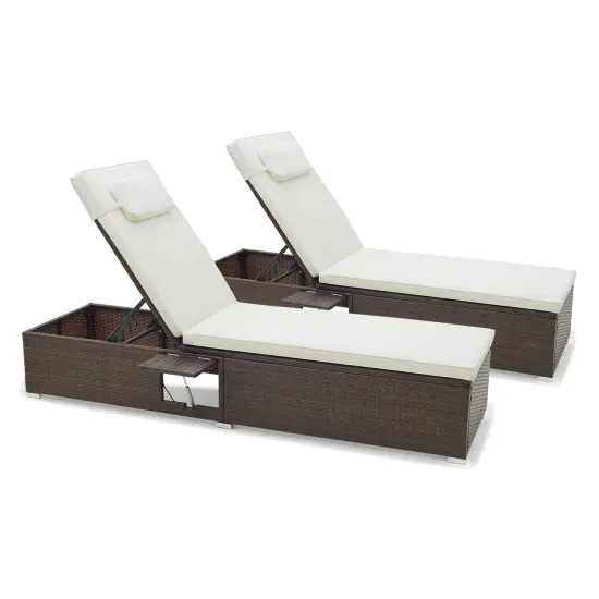 Patio Chaise Lounge Set Of 2 With Backrest Seat Cushion And Headrest-Off White {3}