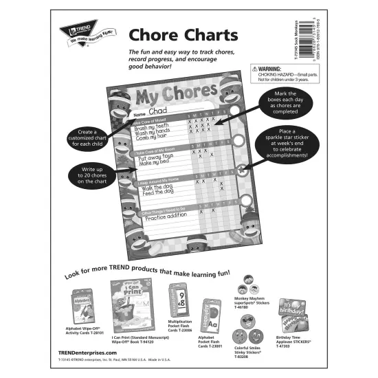 Sock Monkeys Chore Charts, 25 Per Pack, 3 Packs {2}