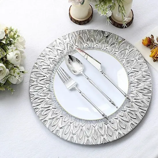 SILVER 6 Plastic 13" Round CHARGER PLATES Embossed Peacock Pattern {5}