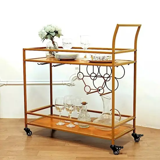 GOLD 3ft tall 2-Tier Rectangular Metal Bar Cart Wooden Serving Trays {1}