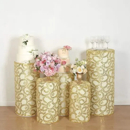 5 GOLD Geometric Leaf Vine Sequins Cylinder Display STAND COVERS {2}
