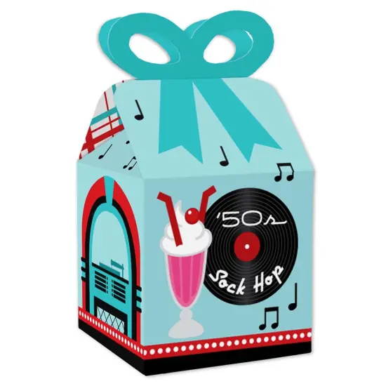 Big Dot of Happiness 50's Sock Hop - Square Favor Gift Boxes - 1950s Rock N Roll Party Bow Boxes - Set of 12 {1}