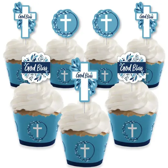 Big Dot of Happiness Blue Elegant Cross - Cupcake Decoration - Boy Religious Party Cupcake Wrappers and Treat Picks Kit - Set of 24 {1}