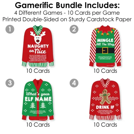 Big Dot of Happiness Ugly Sweater - 4 Holiday and Christmas Party Games - 10 Cards Each - Gamerific Bundle {4}