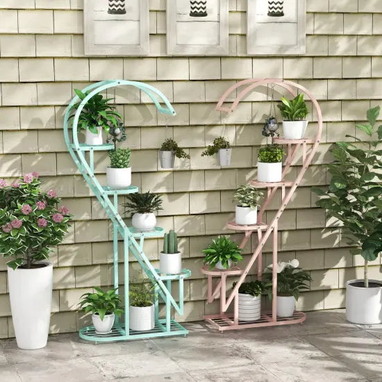 5 Tier Metal Plant Stand With Hanging Hook For Multiple Plants Pink {1}