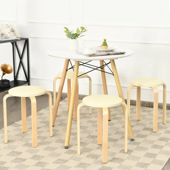 Set Of 4 Bentwood Round Stool Stackable Dining Chairs With Padded Seat Beige {1}