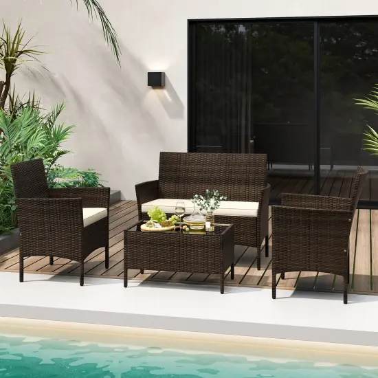 4 Piece Patio Rattan Conversation Set With Cozy Seat Cushions Beige {6}