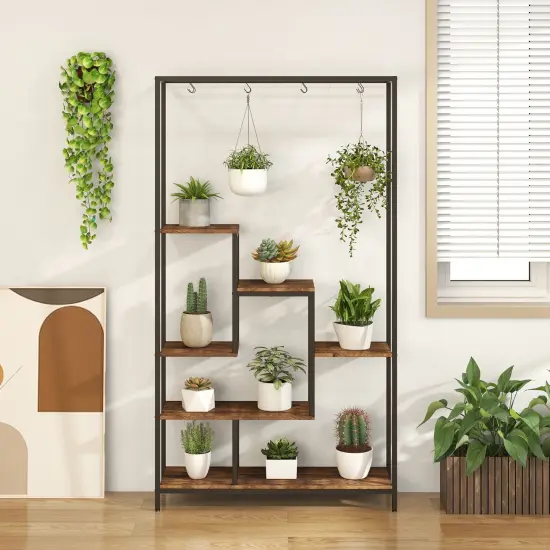 6-tier Tall Plant Stand 71" Metal Indoor Plant Shelf With 10 Hanging Hooks Rustic Brown {5}