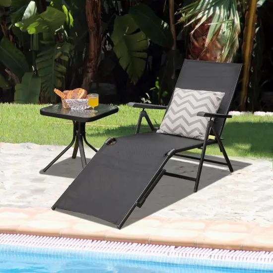 Patio Foldable Chaise Lounge Chair with Backrest and Footrest Black {2}