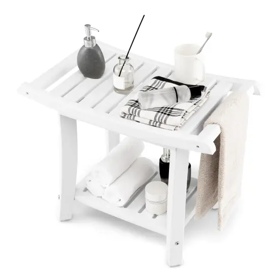 Waterproof Bath Stool with Curved Seat and Storage Shelf White {4}