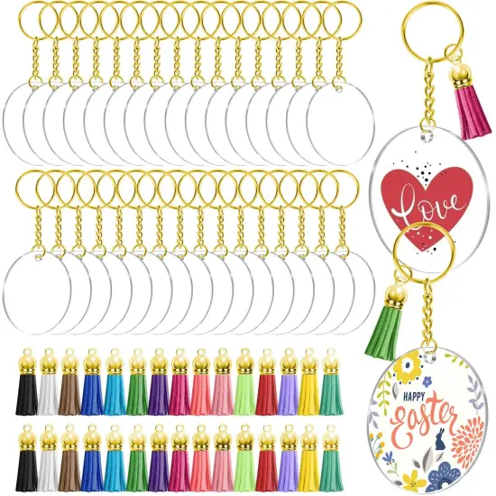 120 Pieces Blank Keychains for Vinyl Kit Including 30pcs Acrylic Discs, 30pcs keychain Tassels, 30pcs Gold Key chain Rings and 30pcs Jump Rings for DIY Keychain, Vinyl Craft {2}