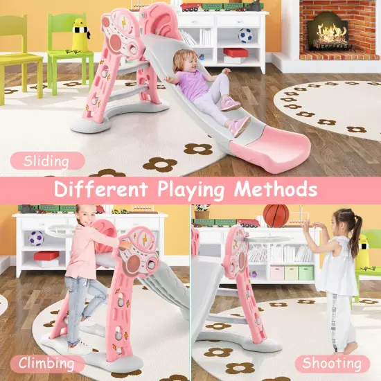 3-in-1 Folding Slide Playset With Basketball Hoop And Small Basketball Pink {5}